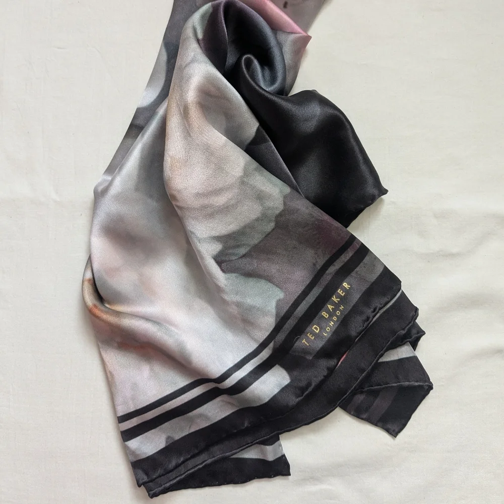 Ted Baker Silk Extra Large Botanical Floral Scarf Gray Pink